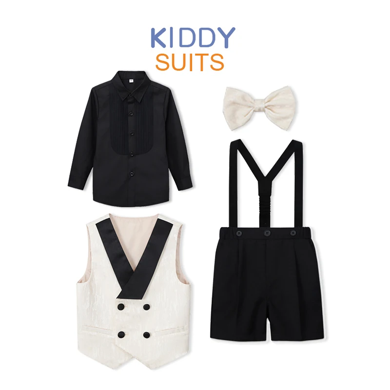 

Boys Vest Dress Suit Black White Wedding Birthday Party Performance Photography Costume Kids Waistcoat Shorts Bowtie Outfit