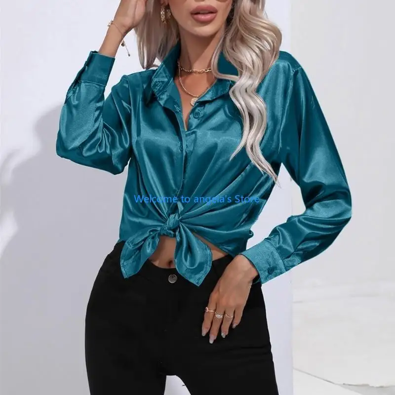 

X4YC Повседневная блузка из полиэстера для женщин Женские повседневные топы на пуговицах с длинными рукавами