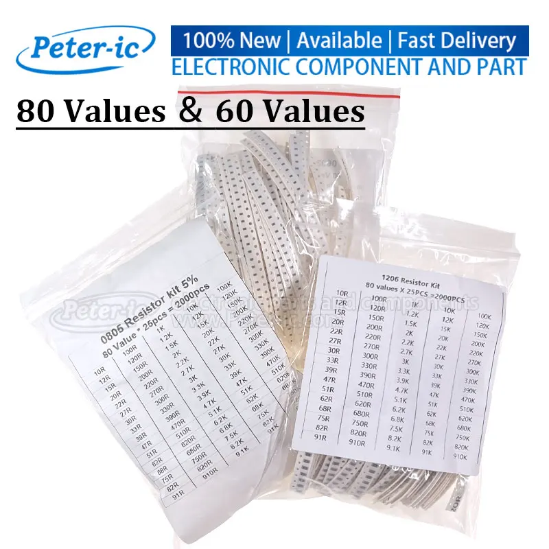 60/80 Values Set of Resistors 0805 1206 SMD Resistor Assorted Kit 0R-1M 80 Values X 25/50PCS Sample 5% 100R 1K(1500-2000pcs)