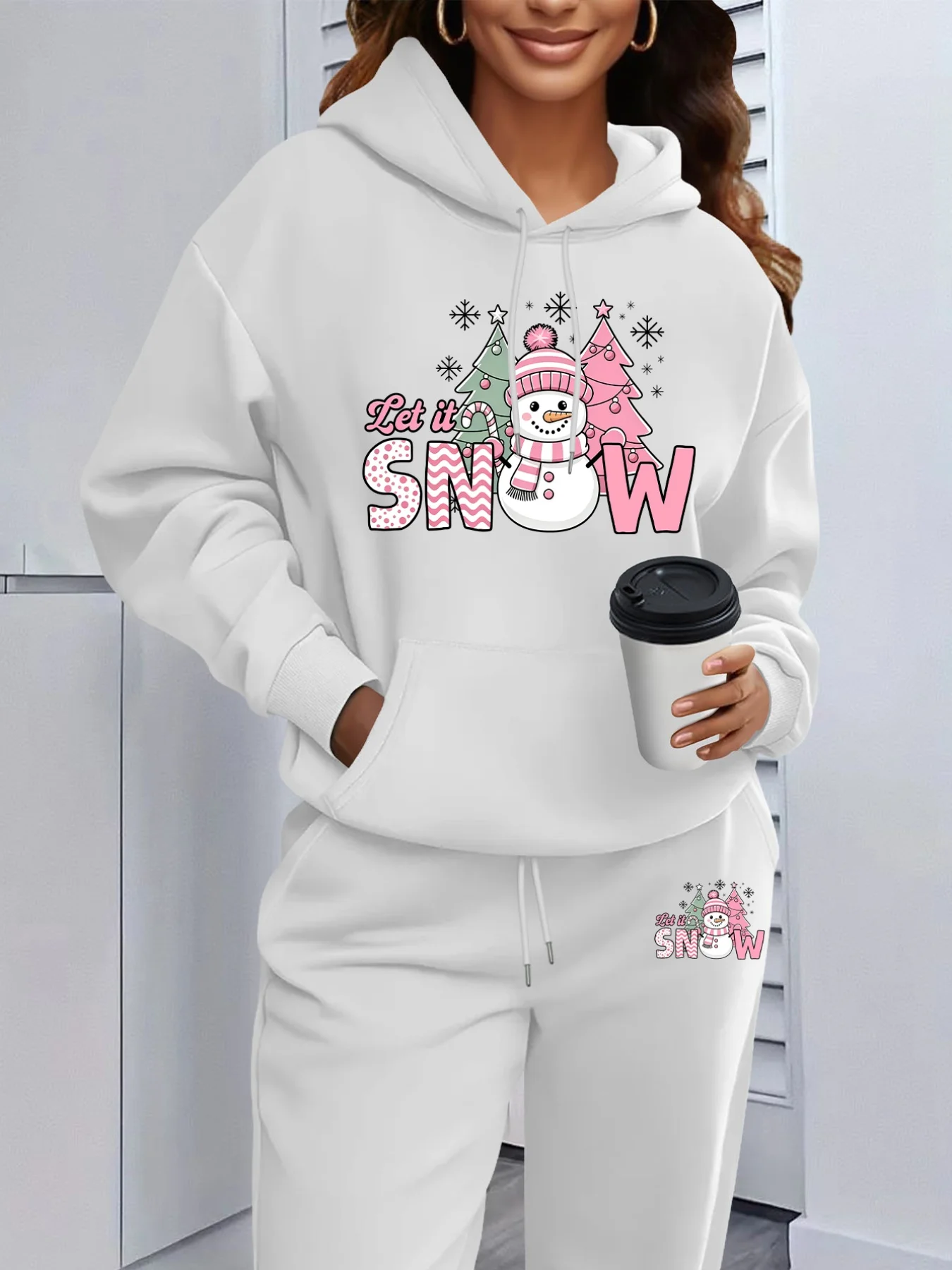 Women 2 Piece Outfit Winter Hooded Sweatshirt & Sweatpants Set, Snowman Christmas Tree Print Hoodie, Casual Sport Matching