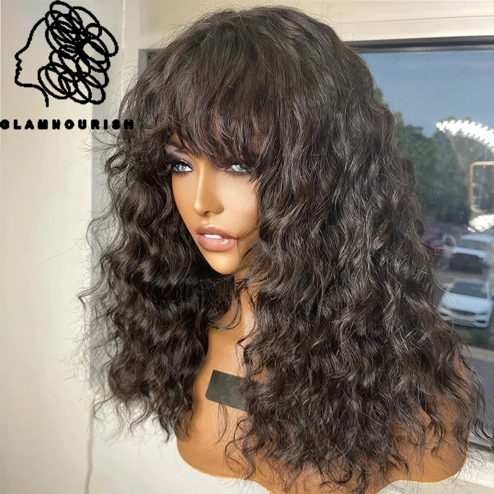 

Glueless Curly Human Hair Wigs Machine Made Scalp Top Wig With Bangs 200% Density Shoulder-Grazing Curly Wig with Wispy Bangs