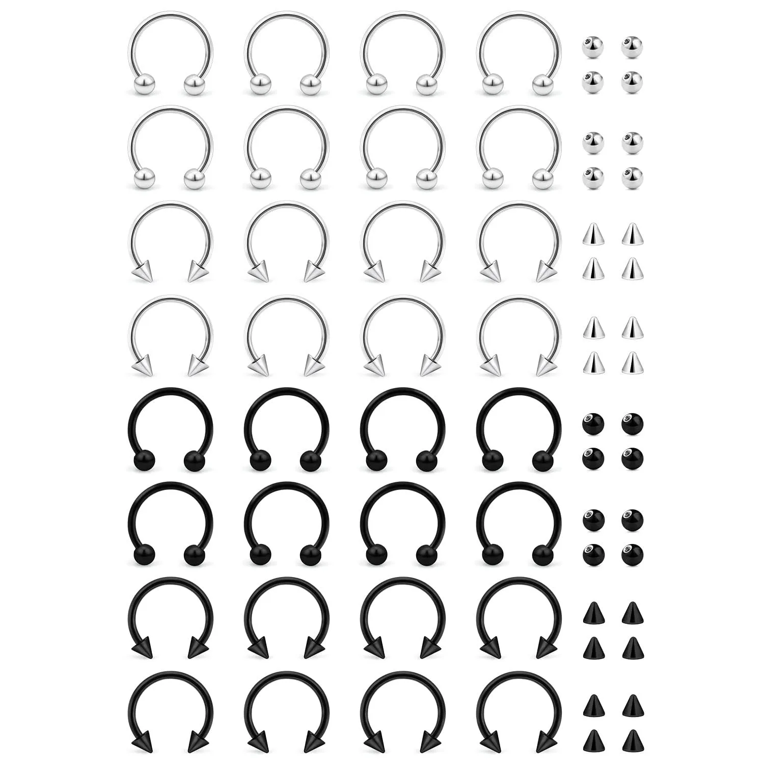 

64Pcs Men Horseshoe Surgical Steel Nose Septum Rings Hoop Lip Piercing Jewelry Eyebrow Tragus Daith Earring Helix 8/10/12mm