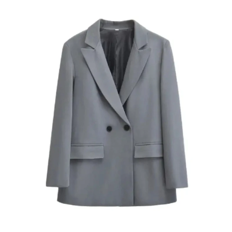 

2025 Fashion Simple Loose Double Breasted Blazer Coat Long Sleeve Flap Pockets Female Outerwear Chic Tops Office Outwear