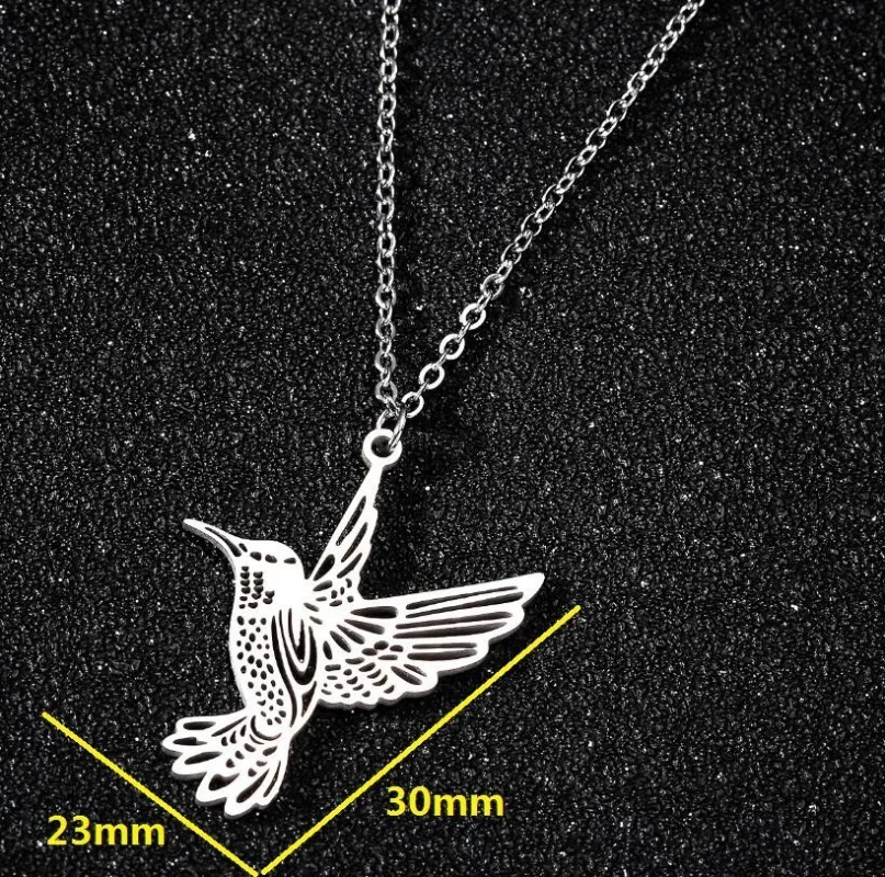 Hovering Hummingbird Collar Chain: Polished Hollow Titanium Steel Pendant on Stainless Steel Chain, Delicate Flight.