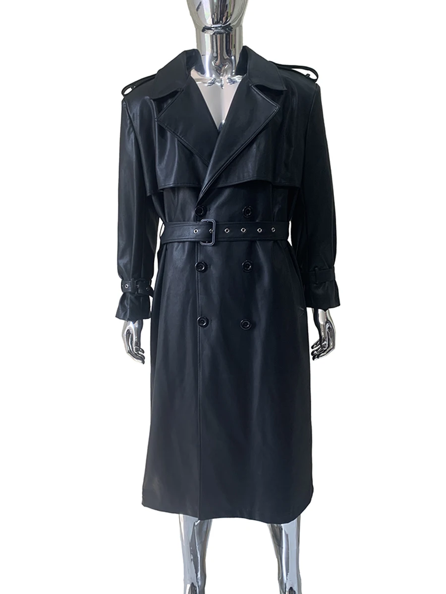 

Весенне-осенний длинный черный мягкий плащ из искусственной кожи для мужчин с длинным рукавом, двубортный, свободная, повседневная, шикарная одежда 2025