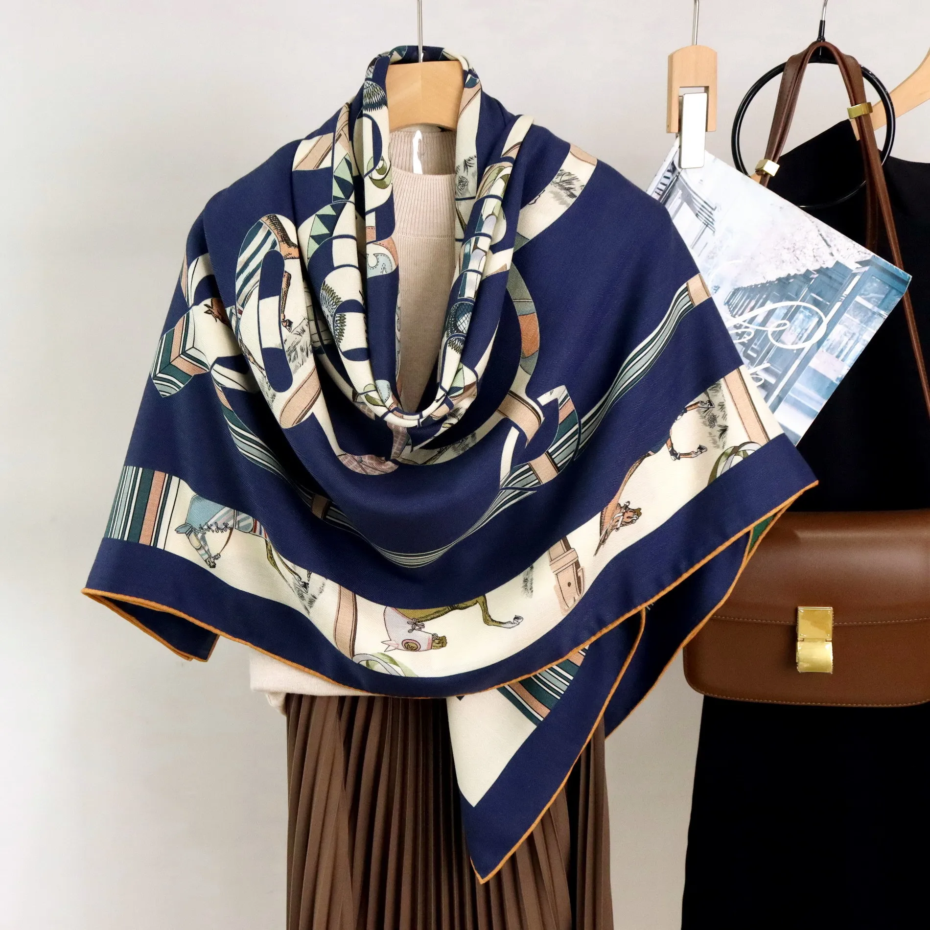 

Высококачественные и элегантные женские изысканные инструменты для лошадей, двусторонний качественный шелковый шерстяной шарф с ручным скрученным краем, большой квадратный шарф, шаль