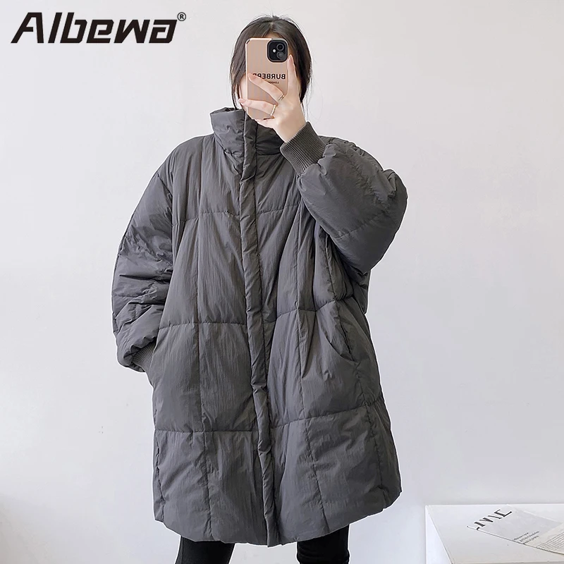 ALBEWA Autumn Winter Outerwear Parkas for Women Vintage Thick Warm Padded Zipper Stand Collar Casual Feminina Loose Long Coats