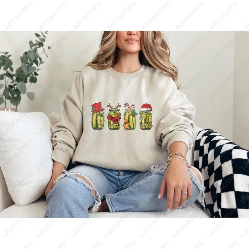 Vintage Pickles Christmas Men Women Sweatshirt Canned Pickles Canning Crewneck Hoodie Pickle Lover New Year Xmas Pullover Gift