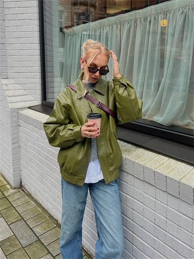 Chaqueta de cuero PU para mujer, abrigo informal verde de manga larga con solapa y cremallera, abrigo corto para mujer, moda Otoño Invierno 2025, prendas de vestir exteriores de calle