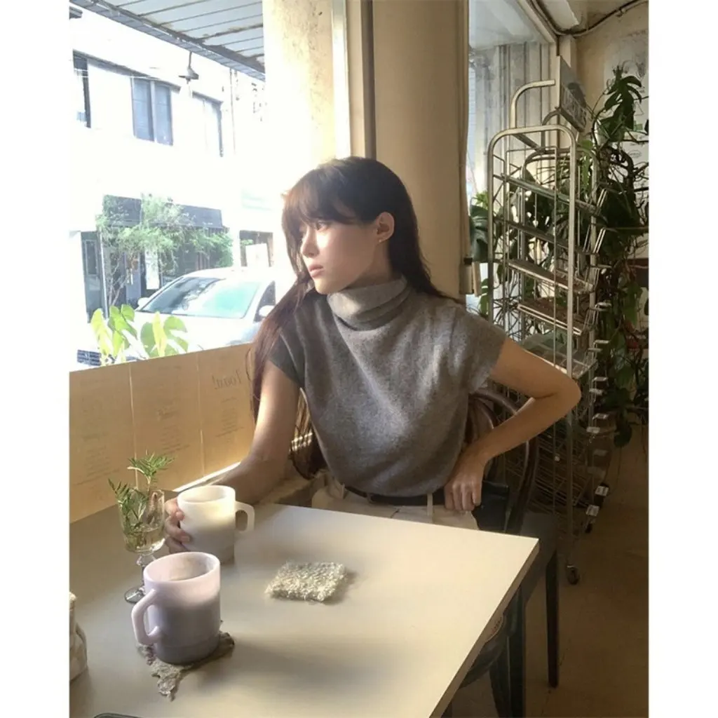 

Women's Solid Color Turtleneck Short-Sleeved Knit Sweater Base Layer High-End Winter Top Fashionable Casual Wear