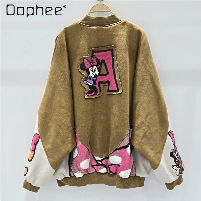 

European Style Trendy Heavy Craft Cartoon Print Baseball Jacket for Women 2025 Autumn Winter Loose Color Block Padded Coat