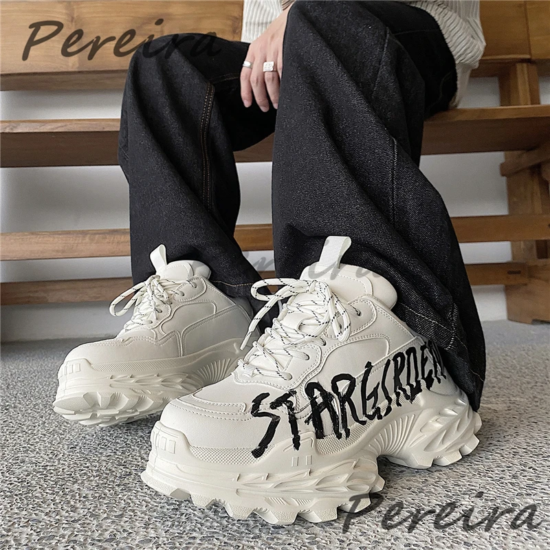 Street Style Graffiti Thick Soled Men's Sports Shoes Trendy White Black Height Increasing Outdoor Comfortable Casual Sneakers