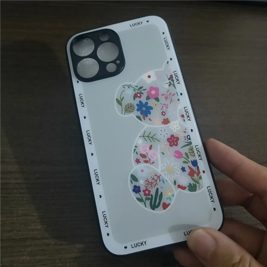 7 Color Led Light Phone Case Call Flash For iPhone 14 13 12 11 Pro Max X XS XR 8Plus Flower Lucky Bear Rose Luminous Glass Cover