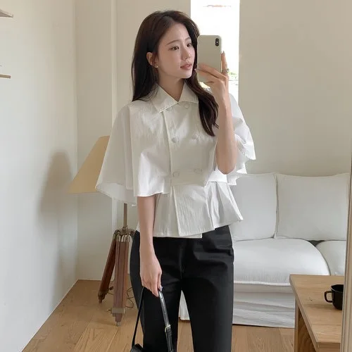 

Elegant Women's Shirt Dongda Gate Slimming Waist Design Cowl Neck Short Sleeve Collar Breathable Comfortable Casual Wear