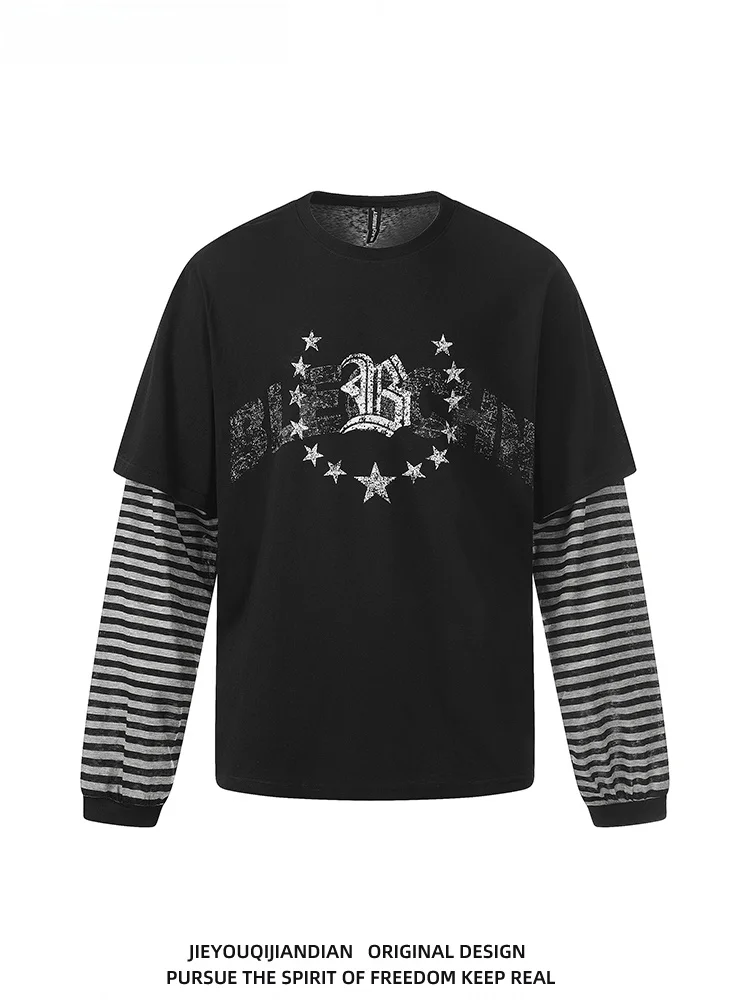 Camiseta de Manga Longa Estilo Coreano Retrô Casual com Estampa em Bloco de Cores Escuras para Homens e Mulheres