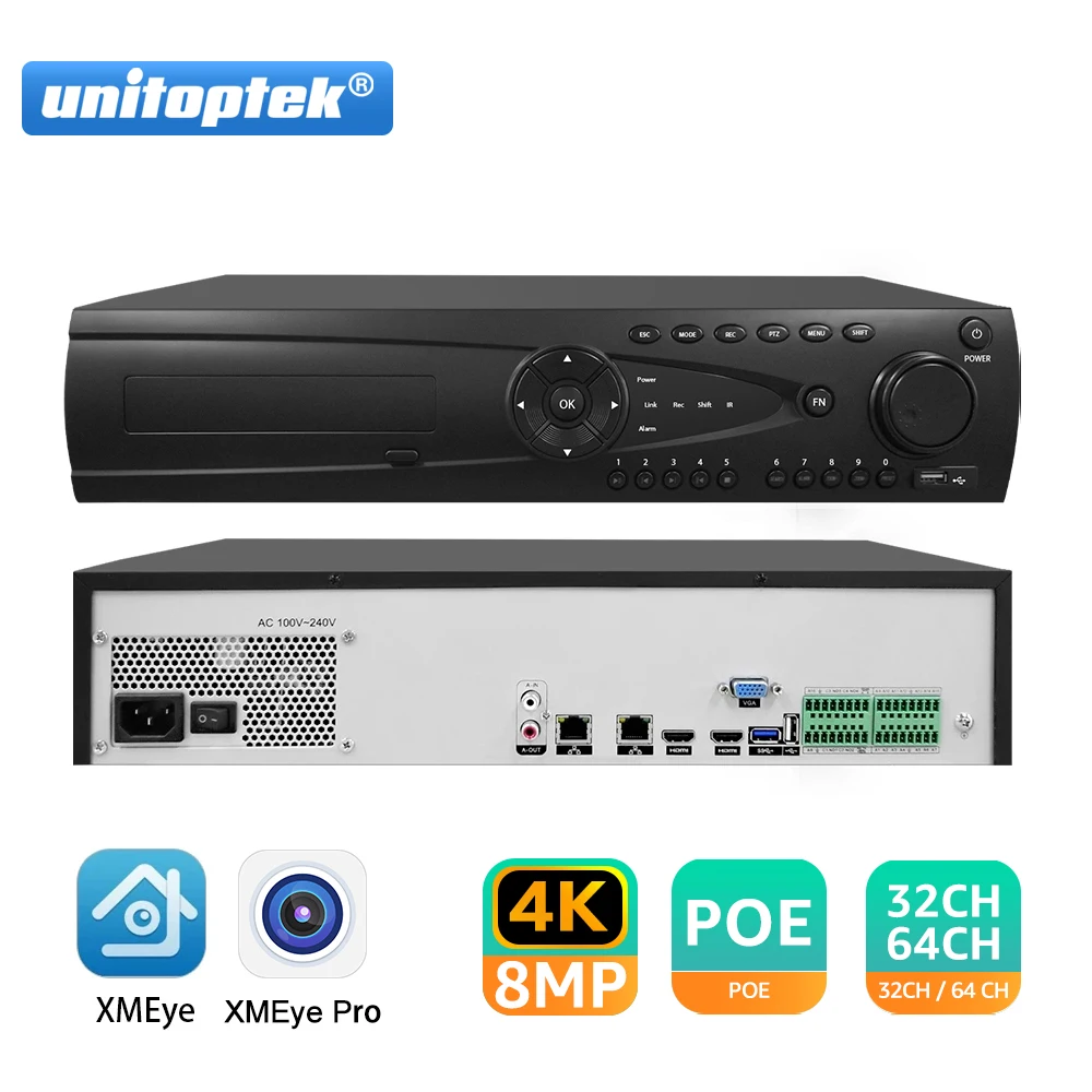 64CH 32CH NVR Video Recorder H.265 Max 16CH 4K/64CH 5MP/24CH 5MP/36CH 4MP Video Input 8*SATA Max 8TB HDD P2P For onvif IP Camera