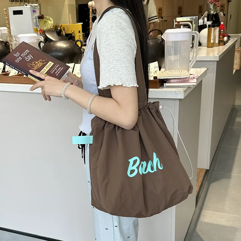 

Solid Colour Women's Beach Shoulder Bag Letter Design Ladies Tote Canvas Bags Large Capacity Drawstring Female Shopping Handbag