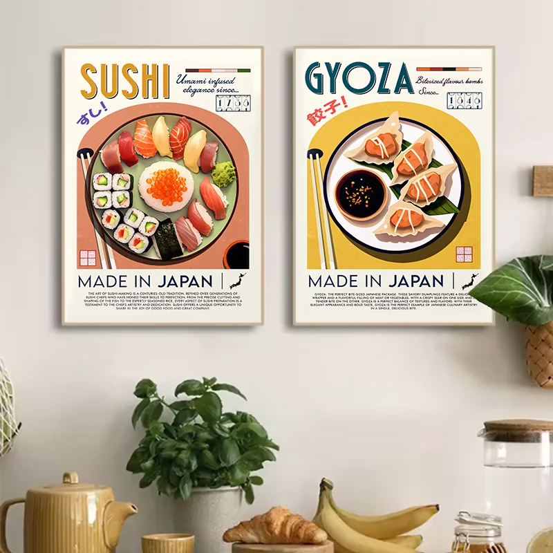 Póster de comida japonesa con estampado de rocío, Sushi, Gyoza, Ramen, cocina, arte de pared de colores vibrantes, decoración, restaurante, sala de estar, pintura en lienzo