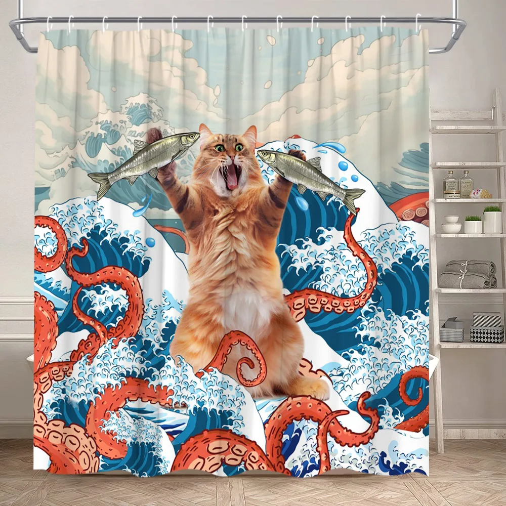 Funny Animal Shower Curtain, Cartoon Watercolor Wave Cat Octopus Butterfly Farm Flower Polyester Fabric Bathroom Curtain Decor