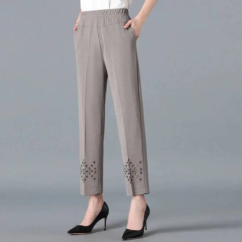 2025 Spring Summer Cropped Pants For Women Hollow Out Pantalon Femme Casual Solid Color High Waist Straight Trousers