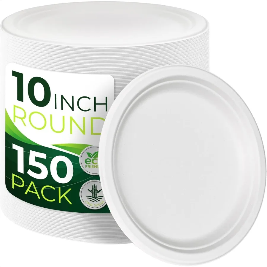 

150pcs 100 Compostable Paper Plates 10in Heavy Duty Eco Friendly Biodegradable Made of Sugarcane Fiber