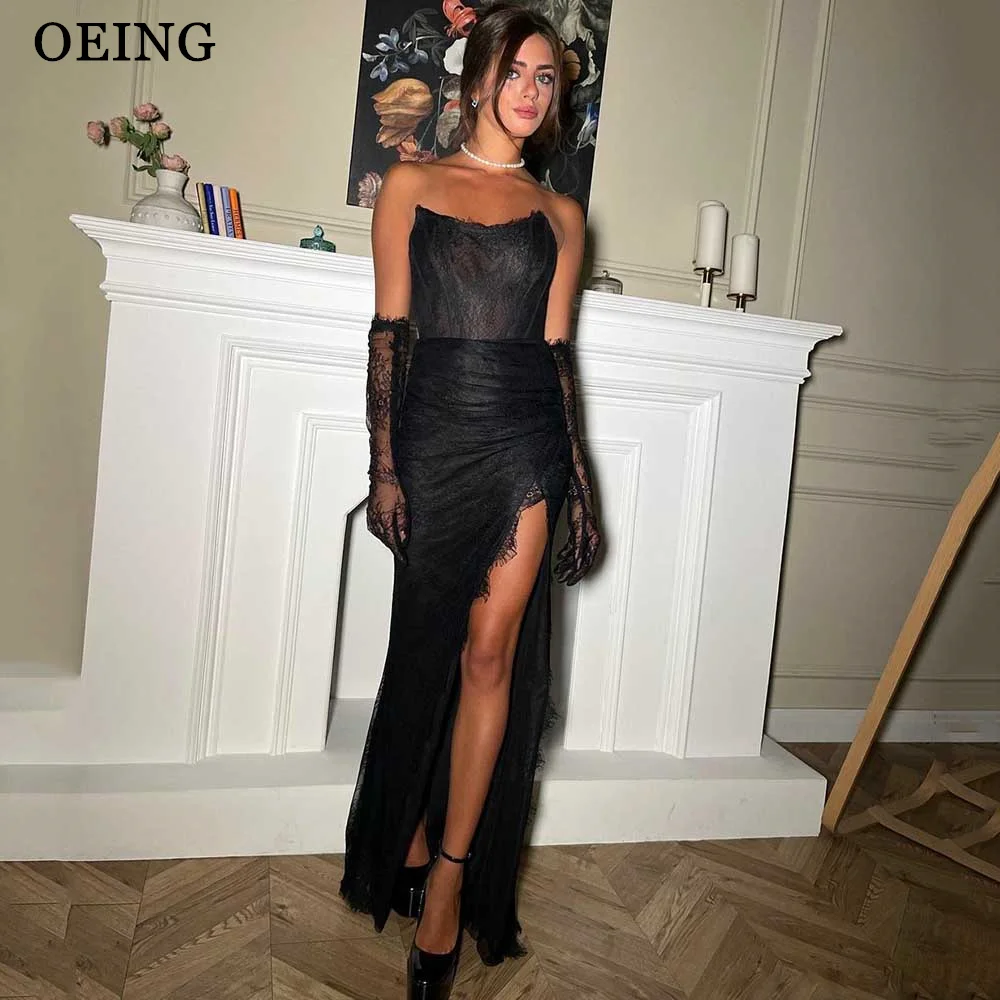 OEING Sexy Full Black Lace Evening Dresses Gift Long Sleeves Boning Floor Length Prom Gowns Robe de Gala High Split Party Dress