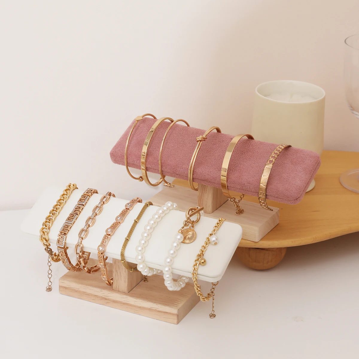 

1pc Wooden Base T-Shaped PU Leather / Velvet Bracelet Display Rack Bangle Watch Hairband Jewelry Storage Stand Holder Organizer