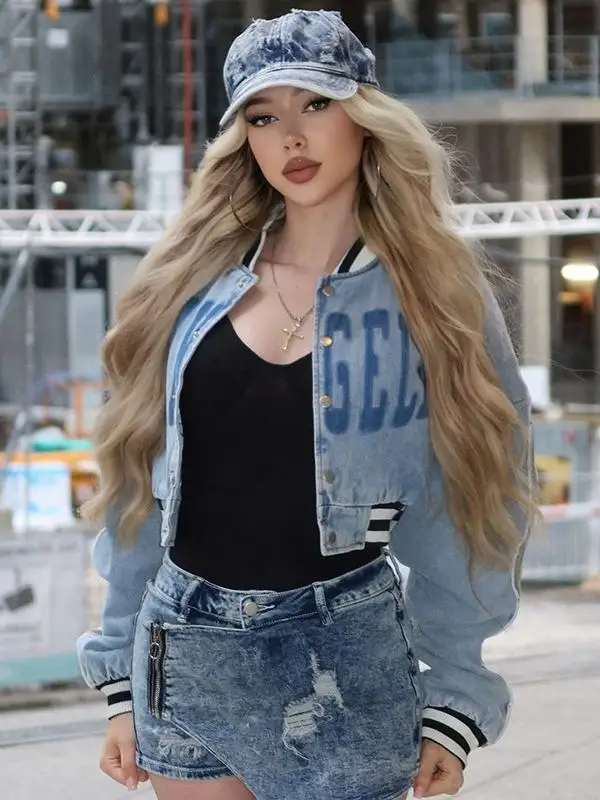 

Уличная джинсовая куртка с буквенным принтом в стиле бейсбольной формы, модная верхняя одежда для женщин в стиле Spicy Girl College Theme