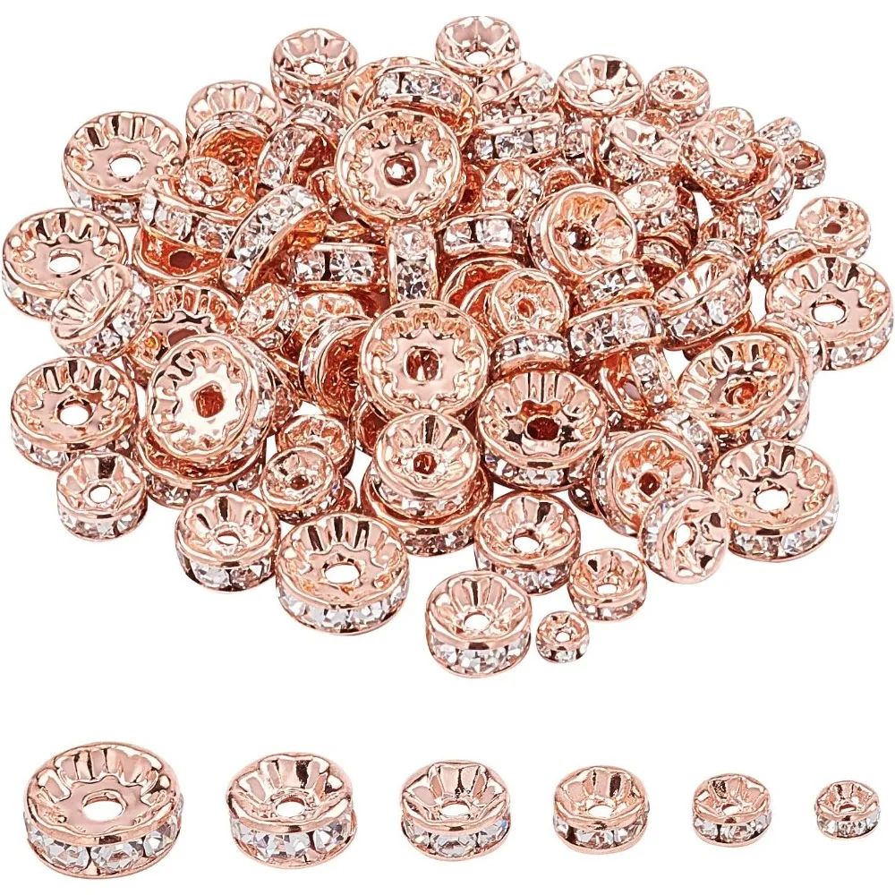 120 Pcs Brass Crystal Rondelle Rhinestone Spacer Beads Diameter 4/5/6/7/8/10mm for Jewelry Making, Rose Gold