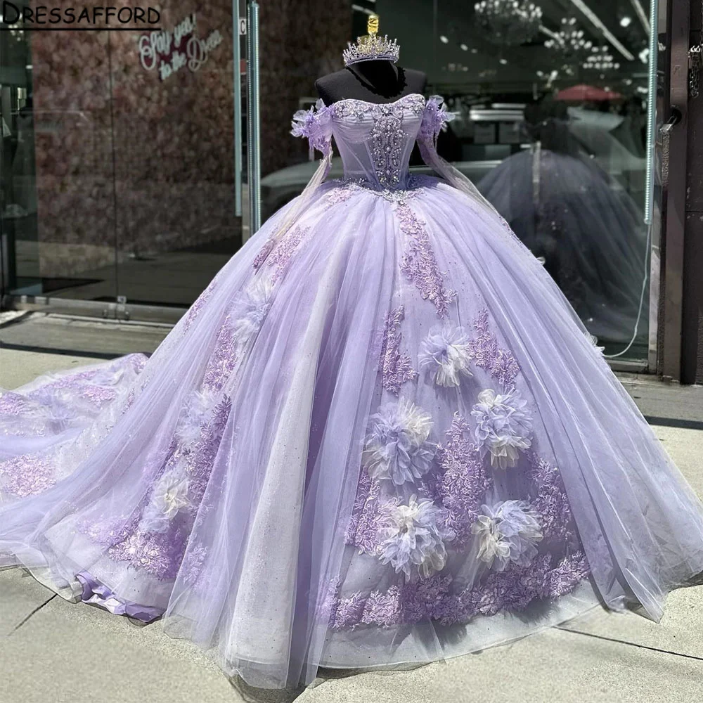 

Блестящее Лавандовое платье для Quinceanera, бальное платье, цветочное Бисероплетение, кружевное, для дня рождения, вечеринки, выпускного вечера, платья для 15 лет, корсет