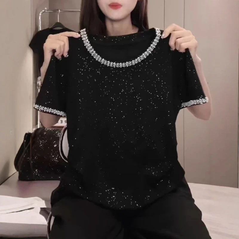 

Summer Sequin Solid Corlor Round Collar Knitwear Shirt Women Elegant Korean Fashion T-Shirt Top Slim Short Sleeve Pullover Z739