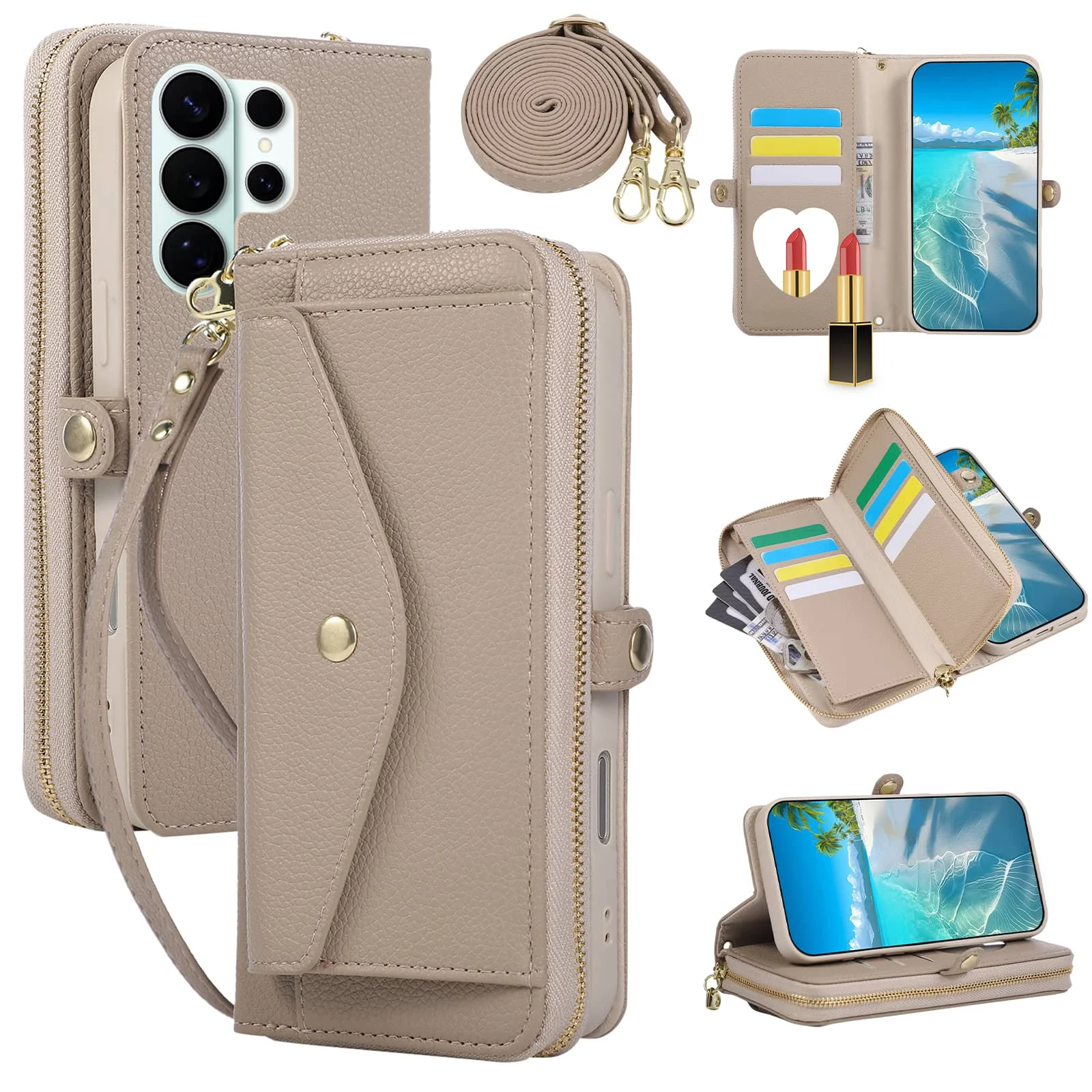 WEFOR Crossbody Wallet Case for Samsung Galaxy S26/S25 Edge/S24/S23 FE/S22/S21/S20 Ultra Strap Card Holder Kickstand Mirror