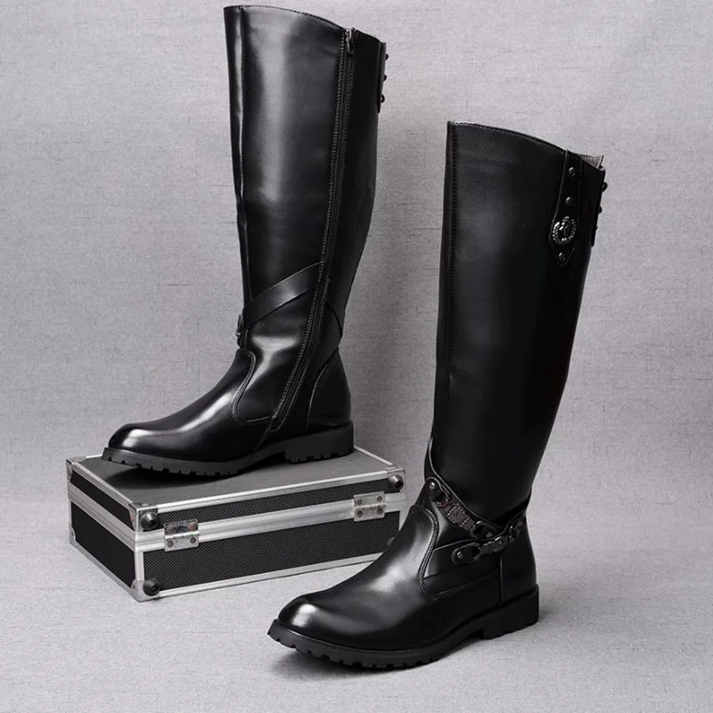 

New Men's Knight Boots British Style Black Leather Metal Buckle Zipper Long Boots Men Leather Boots COS Honor Guard Riding Boots