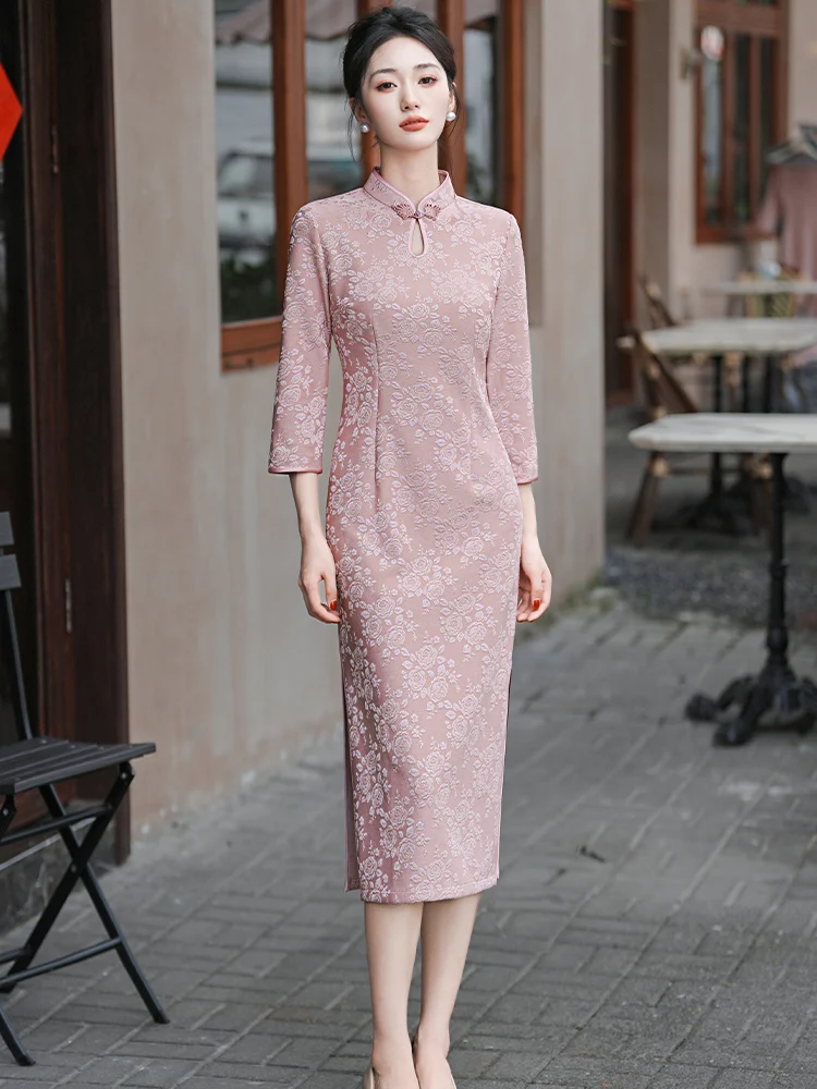 

Длинное розовое платье-ципао с воротником-каплей для женщин: повседневное, для свадебных торжеств, для мам, в традиционном китайском стиле