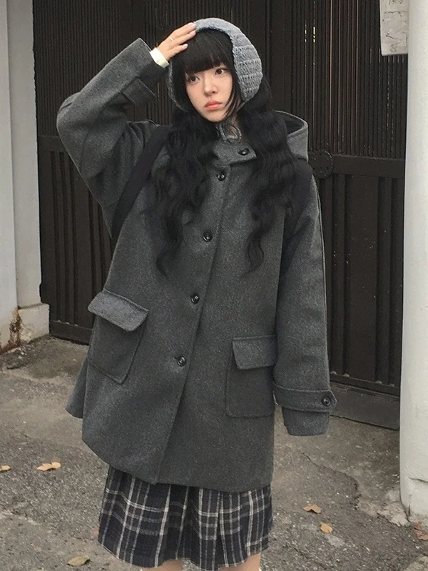 Chic hiver Aosphere rétro collège Sle à capuche simple bouton coton laine manteau femmes nouveau Faion Thiened Long Sve