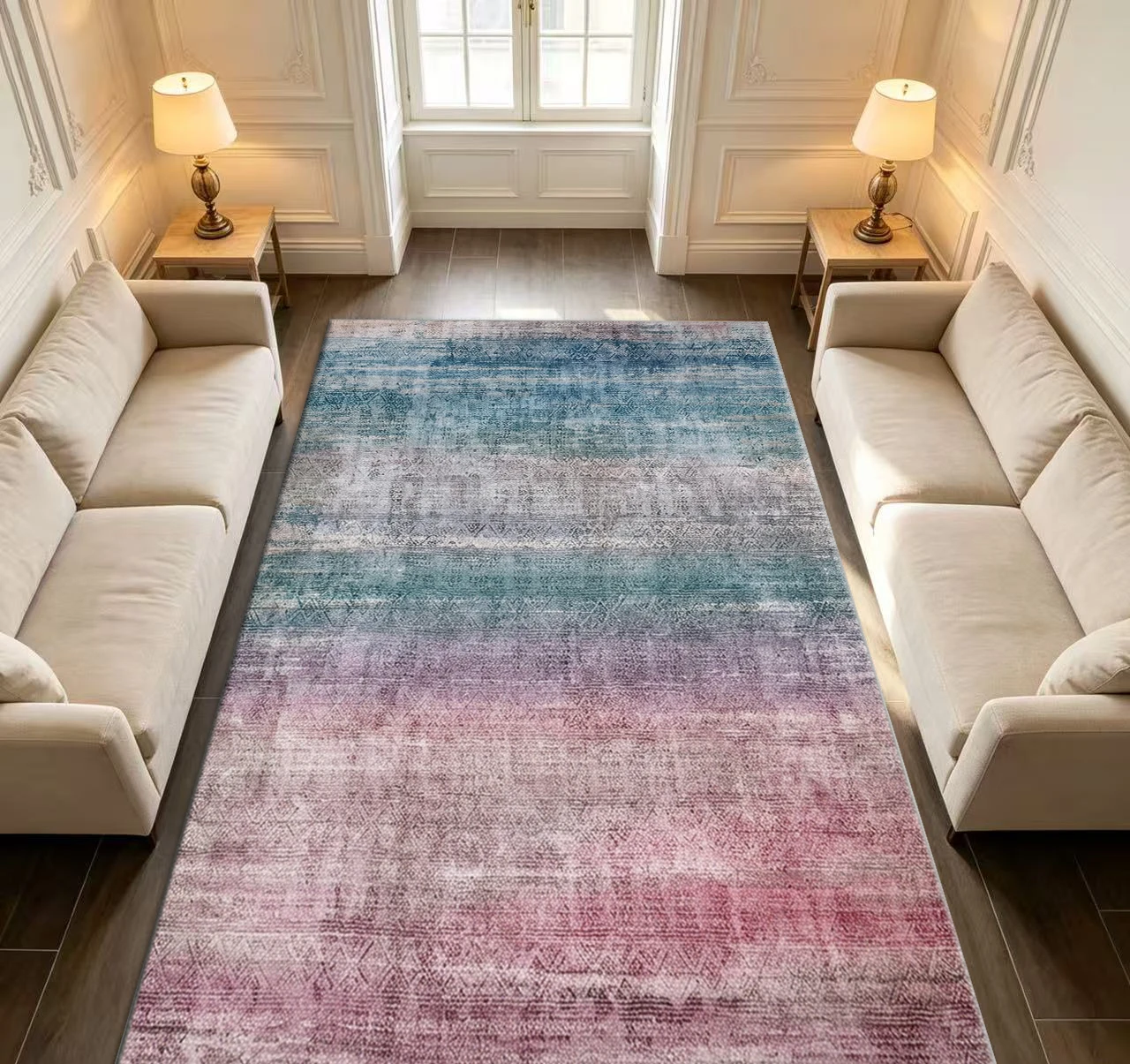 Vintage Distressed Gradient Carpet, Faded Pink-Green-Blue Abstract Pattern Washable Carpet, Suitable for Living Room and Bedroom