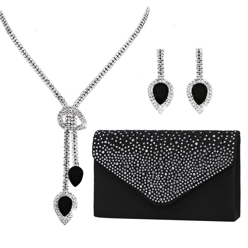

Elegant Bridal Jewelry Set with Tassel Earrings Waterdrop Necklace Silk Satin Evening Bag Three-Piece Set for Women