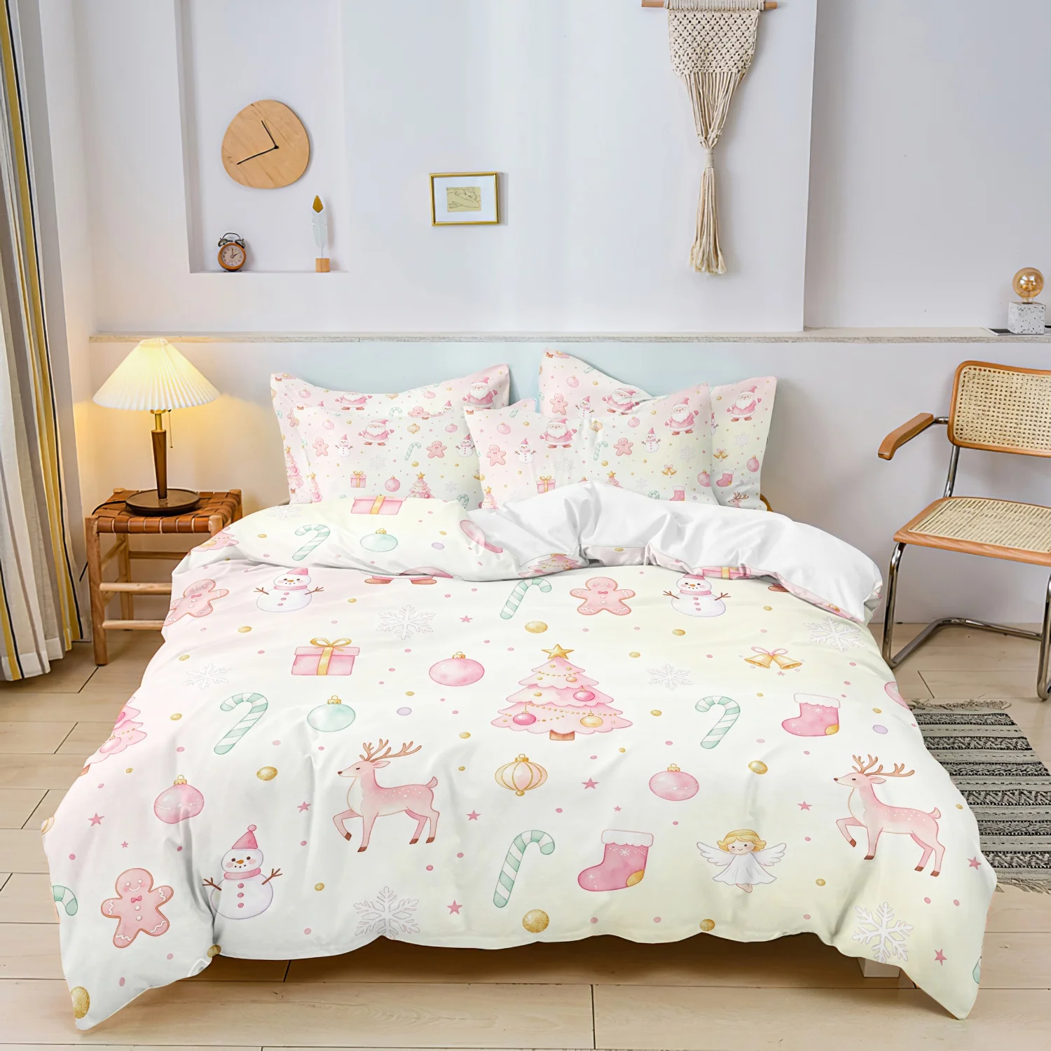 3Pcs Pastel Pink Christmas Duvet Cover Set, Cute Santa Reindeer Snowman Pink Xmas Tree Gingerbread Angel Print Bedding