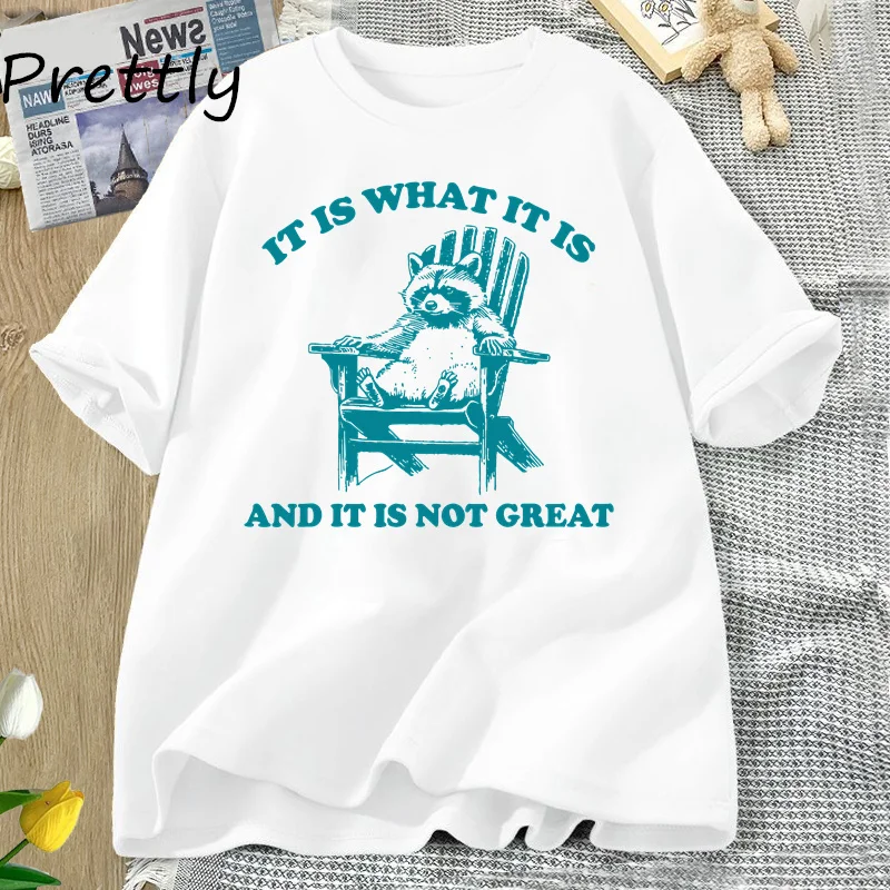 It Is What It Is and It Is Not Great Funny Raccoon T Shirt Women Trash Panda Opossum Graphic T-shirts Cotton Short Sleeve Tees