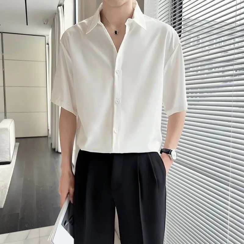 

Summer Ice Silk Shirt Men's Short-sleeved Trendy Brand Men's Casual High-end Sense Handsome Five-point Sleeve White Shirt