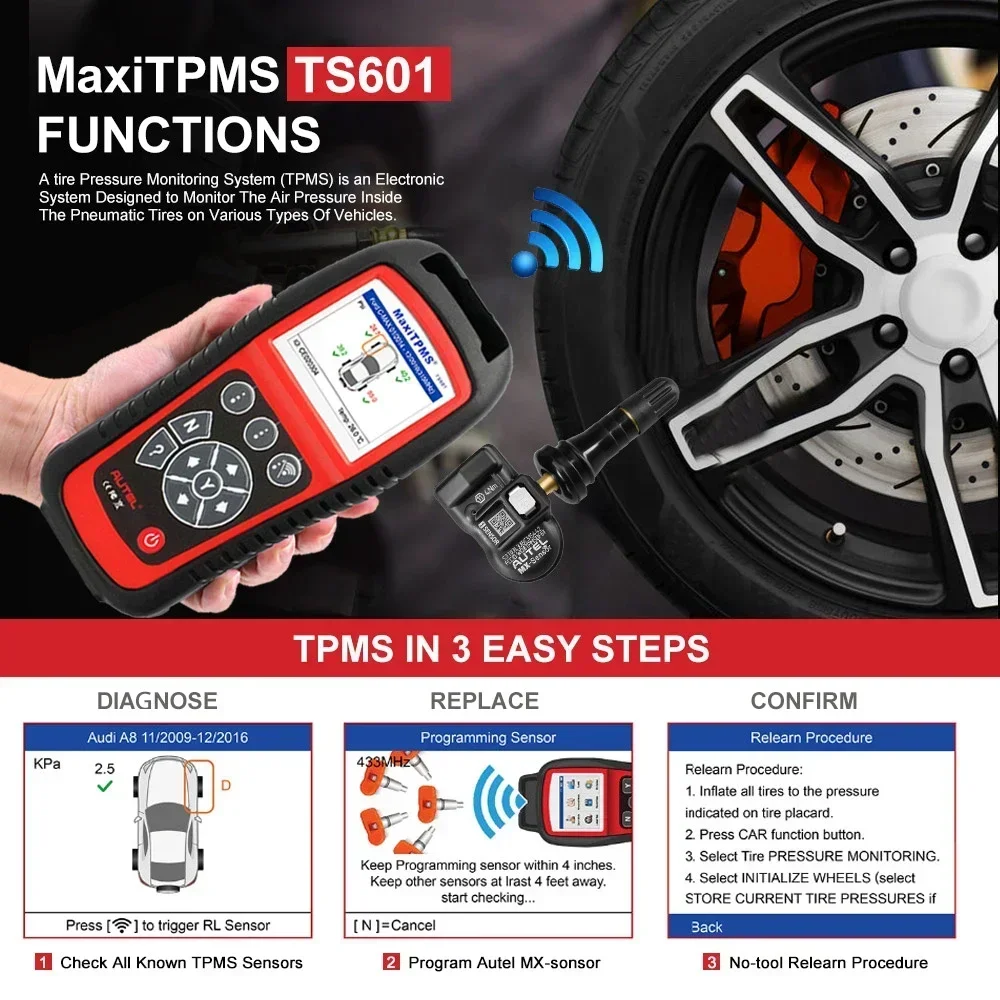 AUTEL TS601 TPMS Diagnostic Tool 315 433MHZ MX-Sensor Programmer Tire Pressure Sensor Programmming Automotive Code Reader