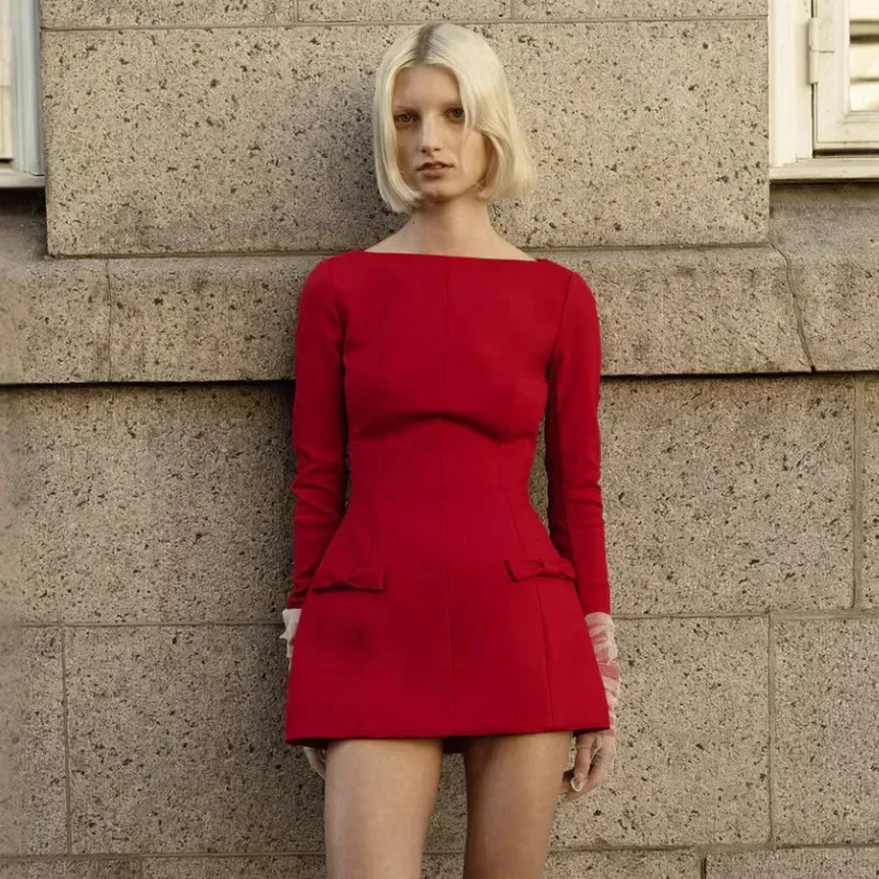 Elegant Bows Splice Long Sleeve Mini Dress Office Woman Red High Waist A-line Dresses Autumn Solid Bodycon Club Party Outfits