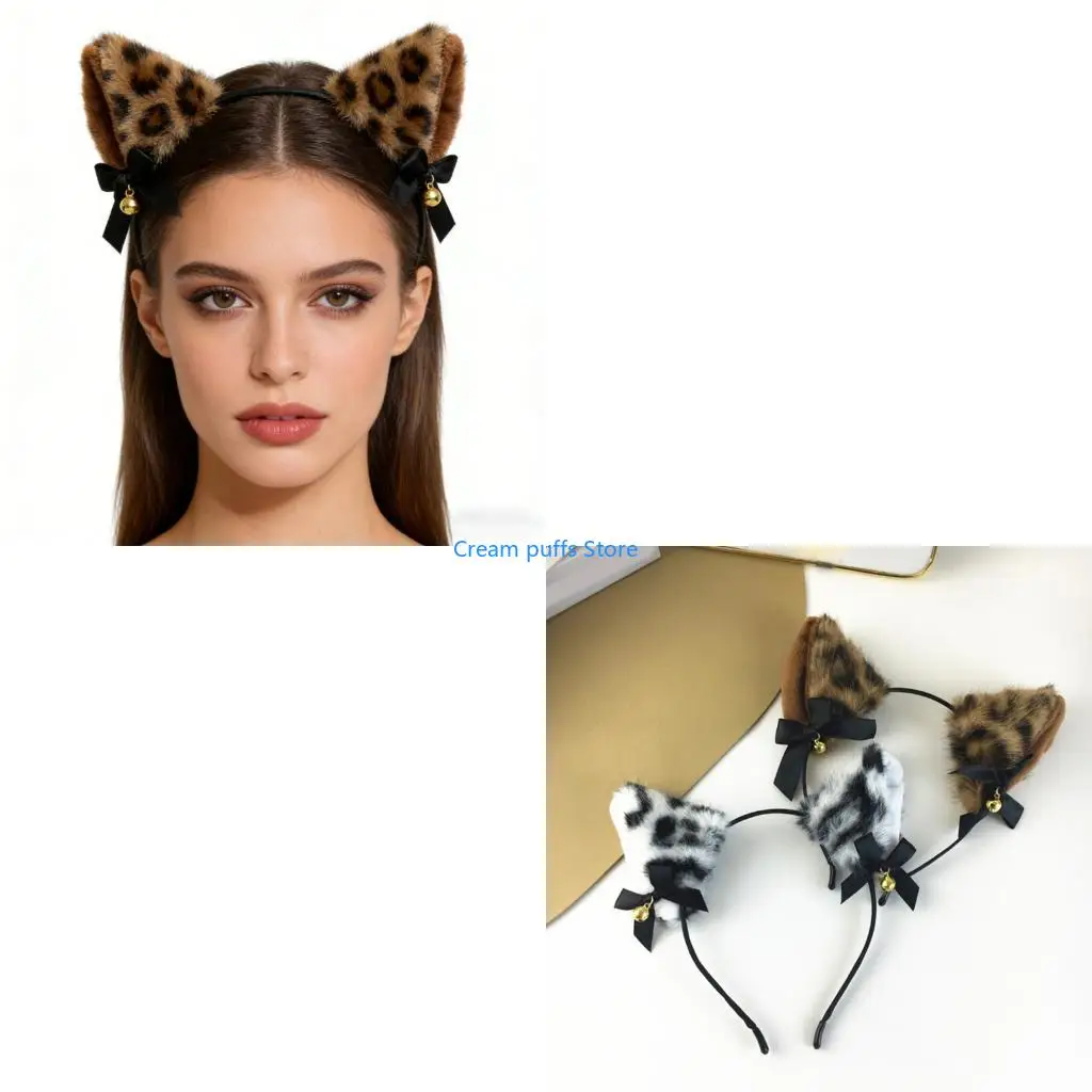 50LE Amusing Leopard Print Cats Ears Headband With Small Bells Fashion Accessory