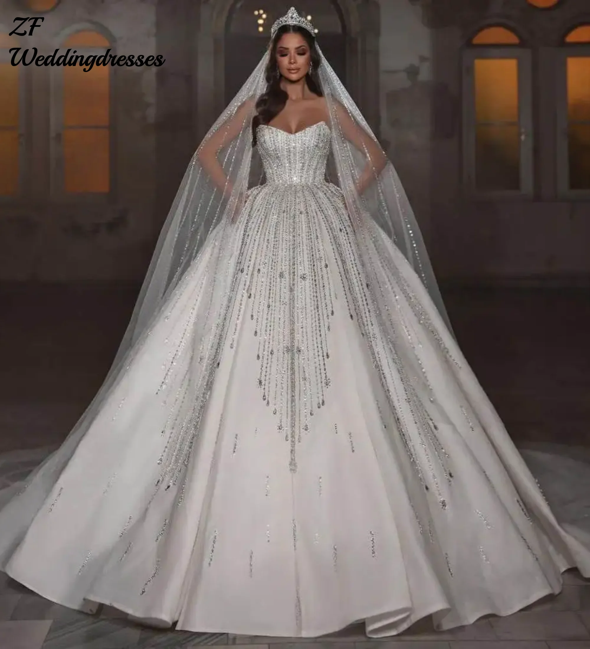 

Великолепное бальное платье по индивидуальному заказу, свадебное платье с блестками и кристаллами, платье невесты без бретелек, индивидуальное платье с длинным рукавом и скользящим шлейфом, невеста