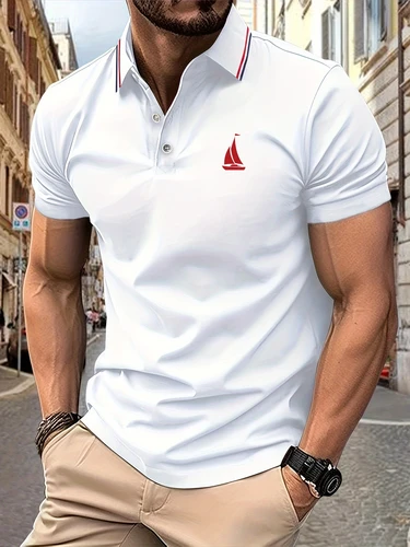 Imagen 2 del producto 2025 nueva camisa Polo para hombre con estampado de velero, camiseta fresca de lujo ligera y transpirable de manga corta a rayas con solapa de verano para hombre