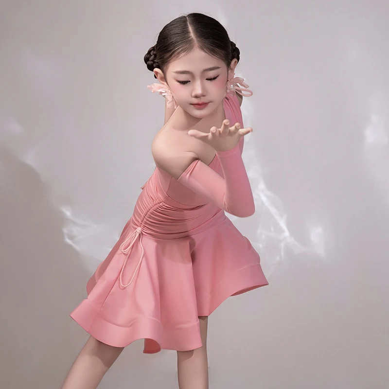 

New Latin Dance Dress Kid's Pink Slanted Neck Sleeveless Dancing Bodysuit For Girls Salsa Performance Practice Clothing XH2055