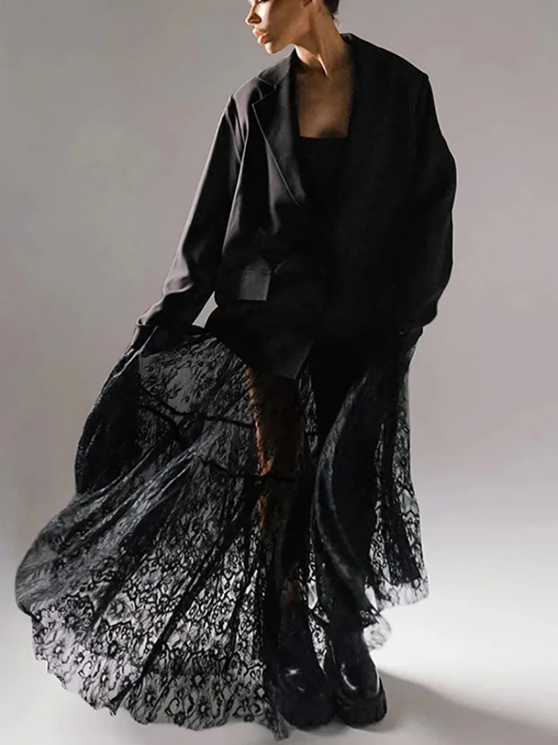 

2025 Black Sexy See-through Women Skirts Lace Flower Splicing Hollow High Waist Big Hem Skirt Summer New Fashion Woman Clothing