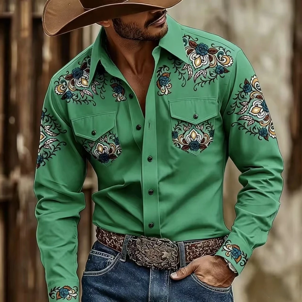 Men's collar long sleeved shirt with Western denim style 3D printed pattern, comfortable double pocket, fashionable and trendy c