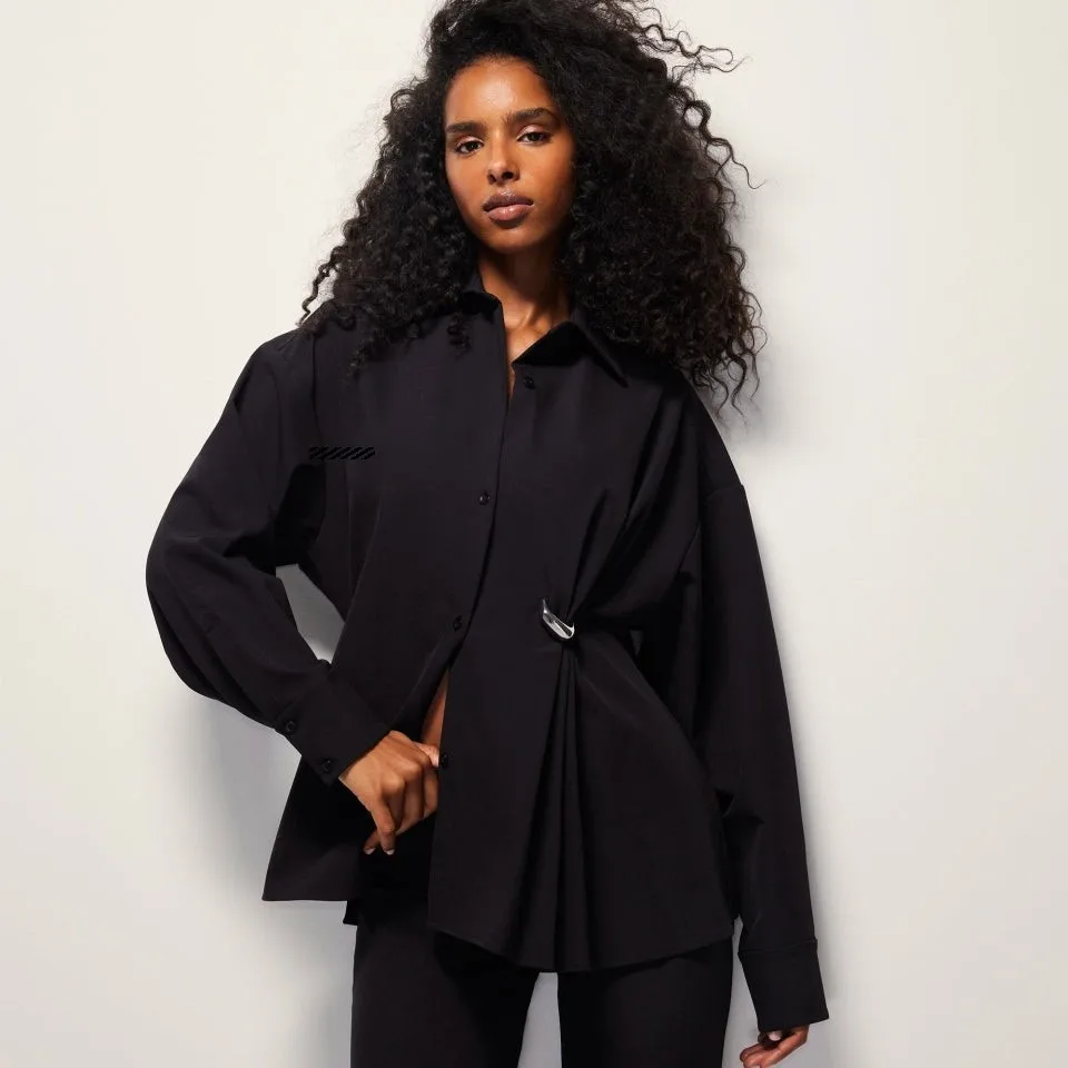 

Khy ACE Series Sle Long Sve irt Bla Folded Metal Silver Bule Waist Cinched irt Women's Faion Straight Cut