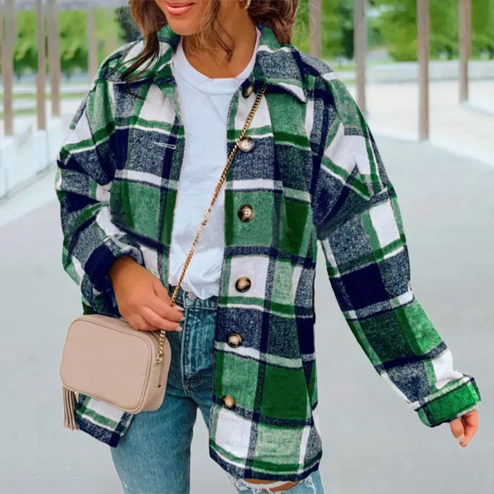 Women Spring Autumn Plaid Print Shirt Coat Lapel Long Sleeve Single Breasted Casual Loose Blouse Jacket Cardigan Streetwear